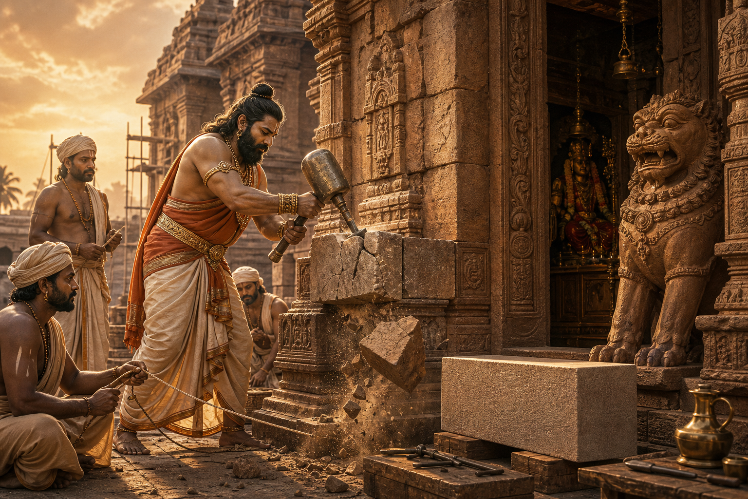 A divine artisan uses a mudgara to remove a cracked stone from temple masonry while attendants prepare a fitted replacement block.