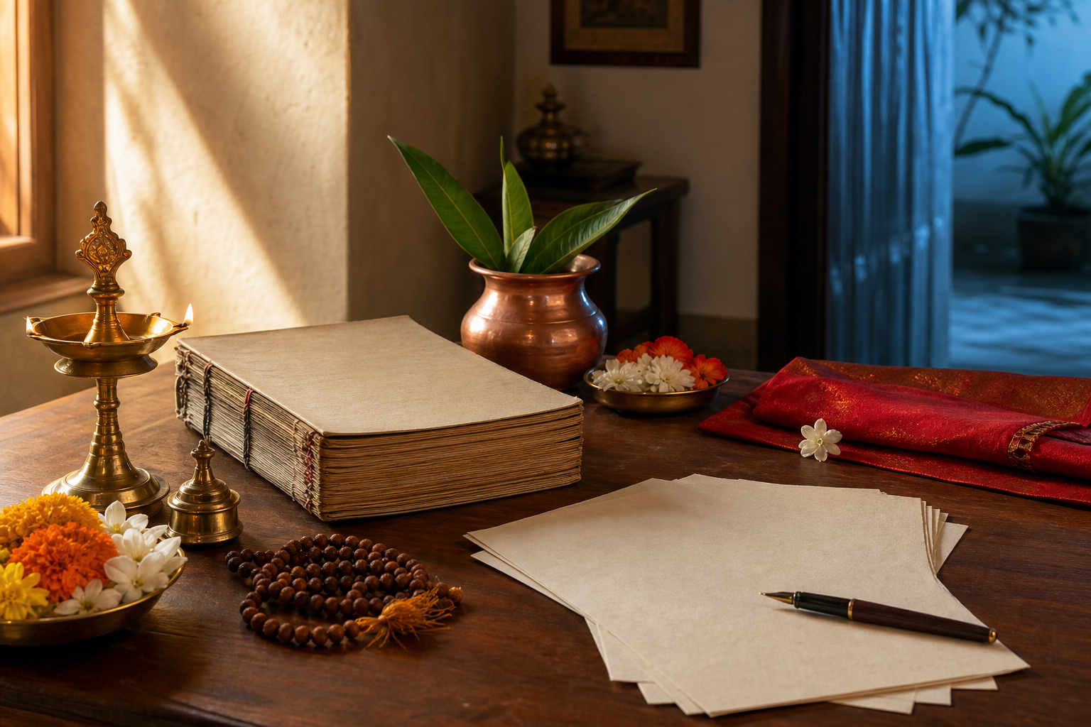 A brass lamp, copper vessel, flowers, prayer beads, blank almanac, and paperwork arranged on a wooden desk in warm morning light.
