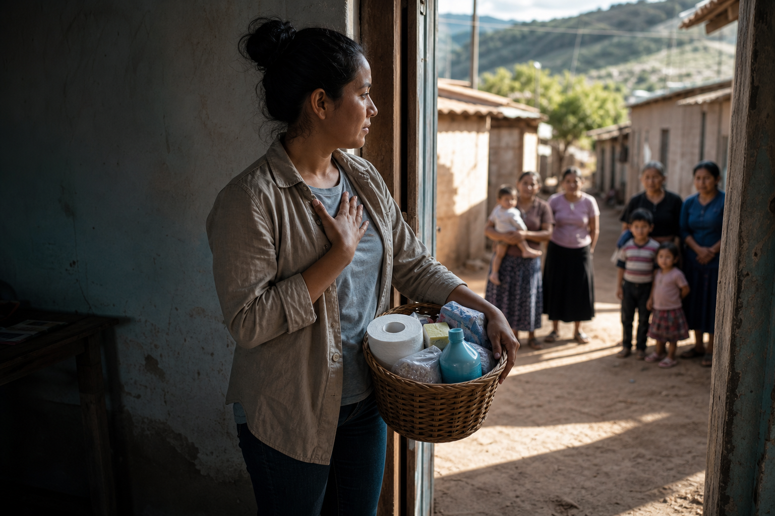 A community organizer pauses with a basket of supplies before stepping from a shaded room into a sunlit village lane.