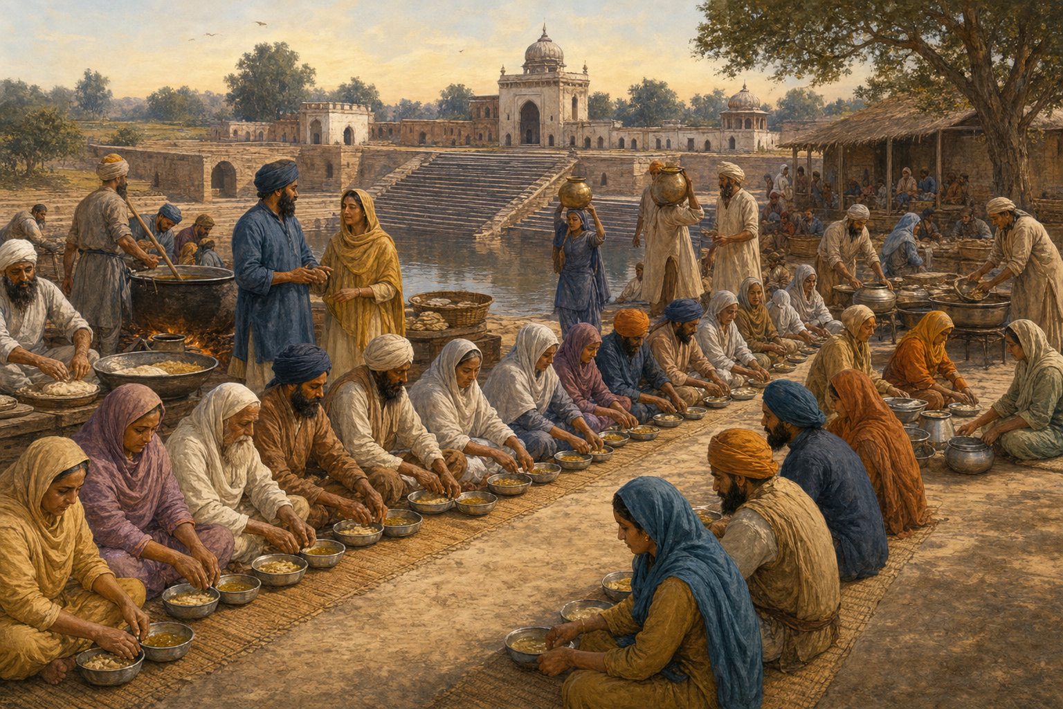 Women and men sit in equal rows for a communal meal while volunteers cook, carry water, serve food, and organize supplies near a stepped well in sixteenth-century Goindwal.