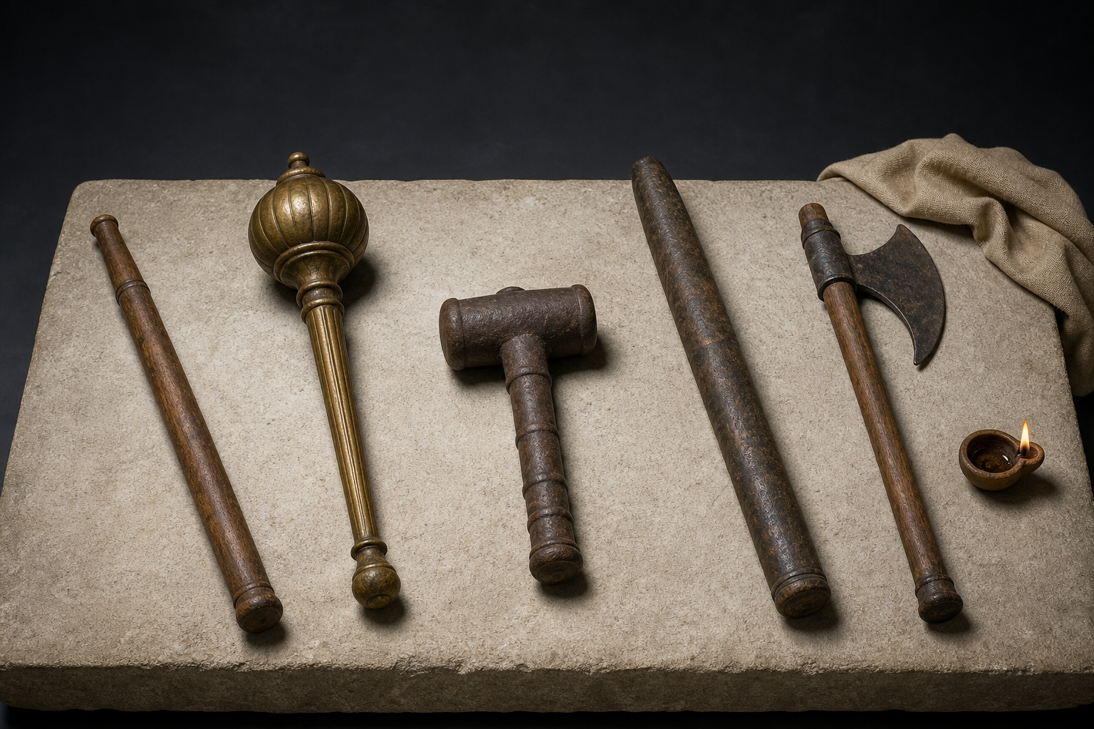 Five sacred implements are arranged separately on stone: a short hammer-like mudgara, rounded gada, long musala, plain danda, and bladed parashu.