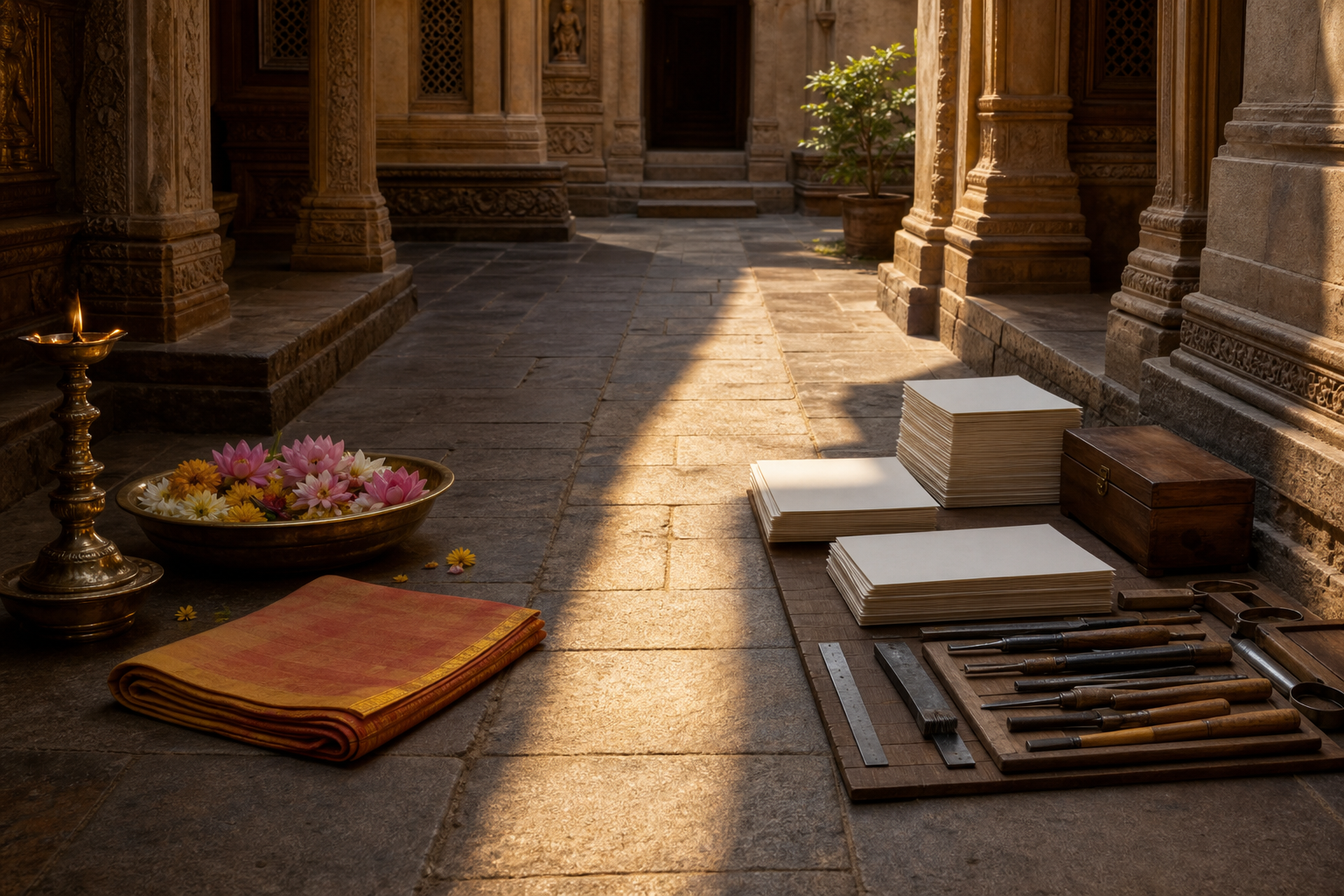 A devotee completes a lamp-and-flower puja in morning light and then organizes practical work at a desk in brighter midday light.