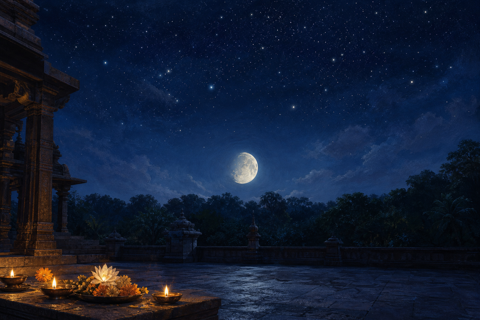 A flower-and-lamp offering in a temple courtyard beneath a waxing moon and a wide indigo sky filled with stars.