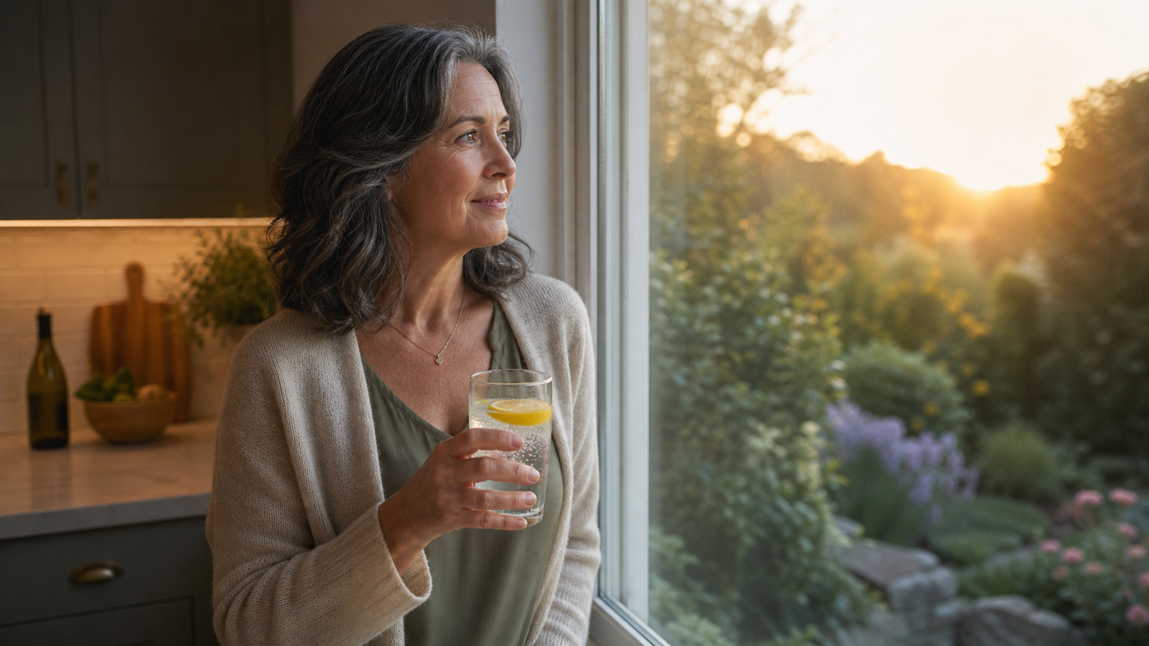 A midlife adult holds citrus water by a sunlit kitchen window while an unopened wine bottle sits out of focus on the counter.