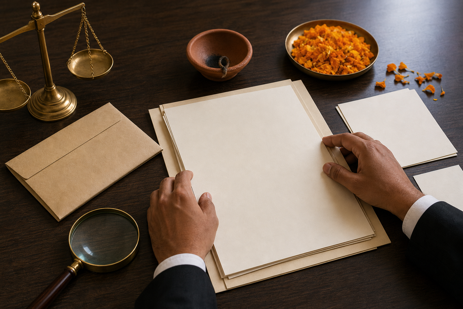 Anonymous hands organize evidence papers beside a balance scale, magnifying glass, clay diya, and marigold petals on a legal desk.
