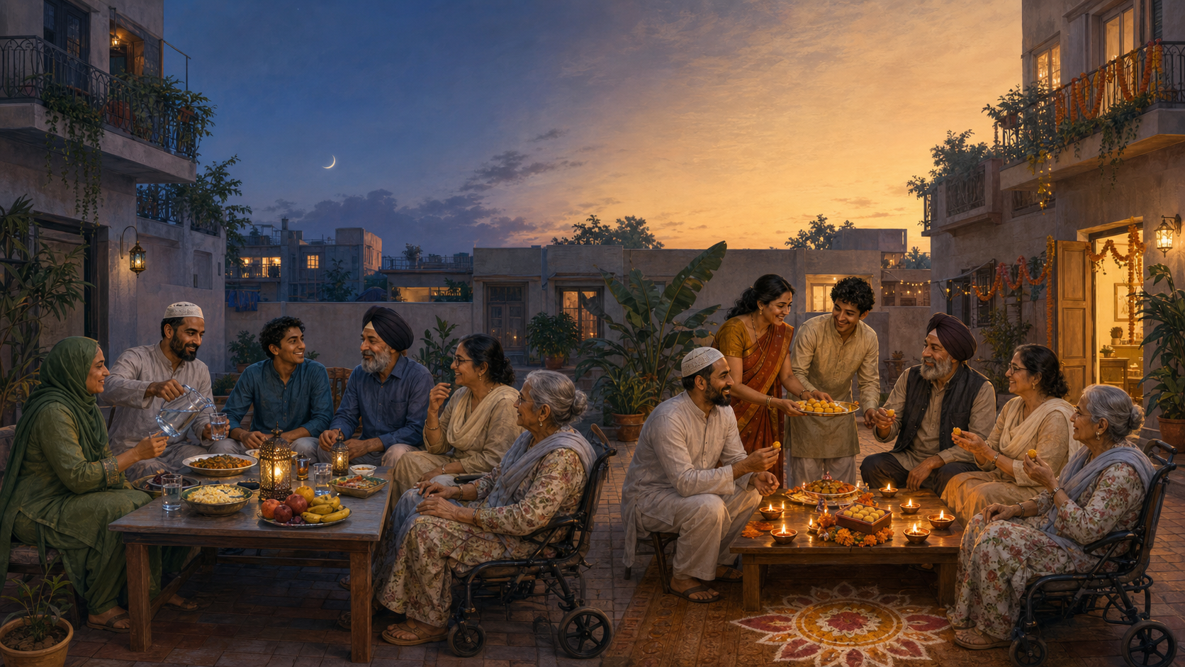 The same Indian neighbours share an outdoor iftar in one half of a courtyard scene and Diwali hospitality in the other, with the hosting roles reversed.
