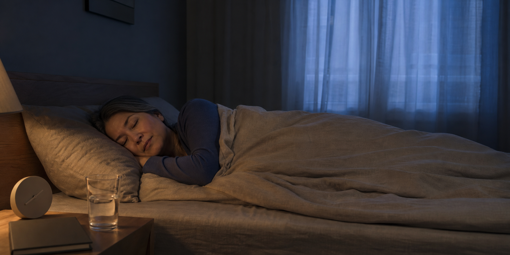 A rested midlife adult stretches in a dawn-lit bedroom beside a made bed and a simple desk prepared for focused work.