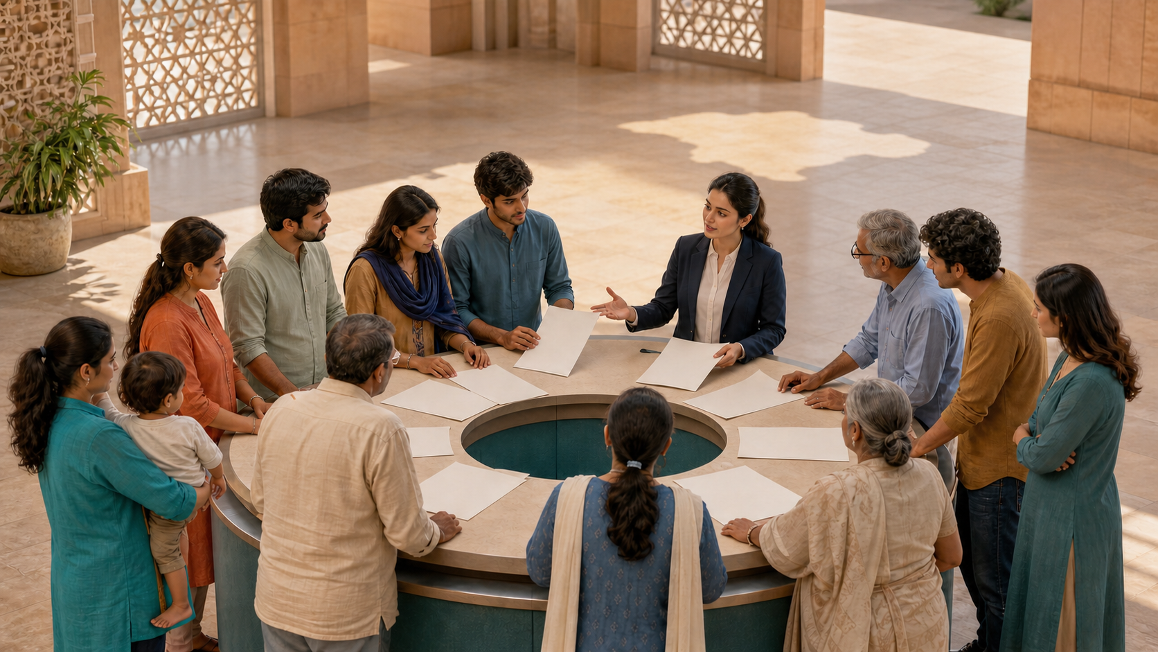 Gujarat residents from different generations review unmarked draft papers with a legal professional at a civic information desk.
