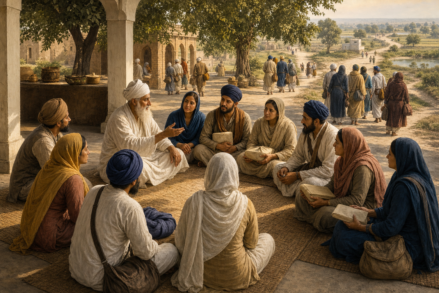 Guru Amar Das Ji meets with women and men equipped to travel and guide local congregations, while other emissaries leave for nearby villages.