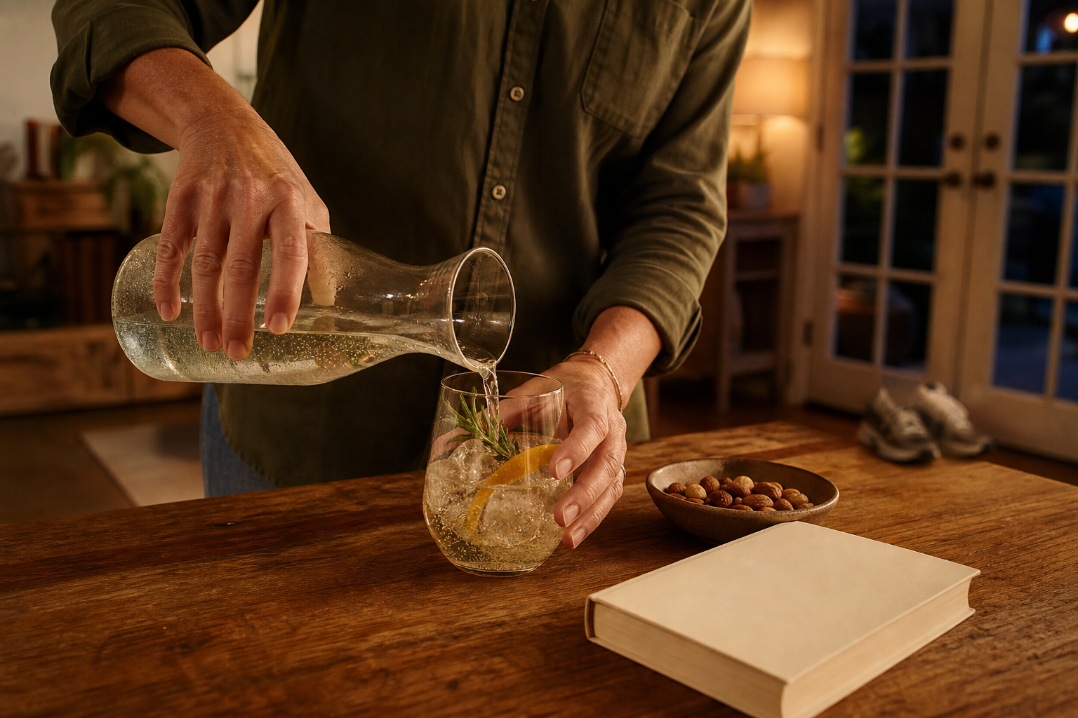 A midlife adult prepares an evening tray with herbal tea, citrus water, nuts and a book beside a warmly lit chair.