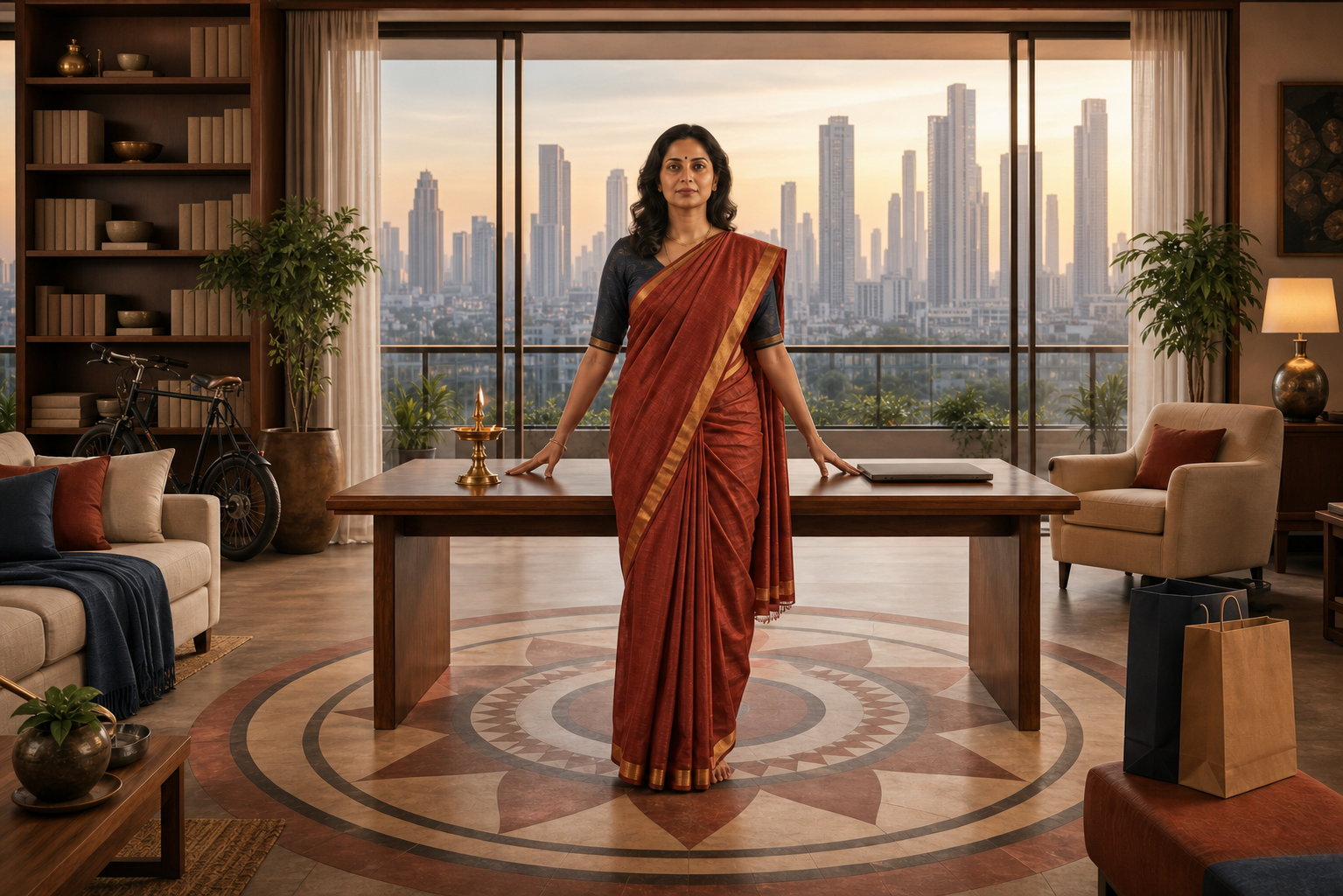 A woman stands in a modern Indian home beside a brass oil lamp and laptop, with books, household objects, shopping parcels, and a city skyline around her.