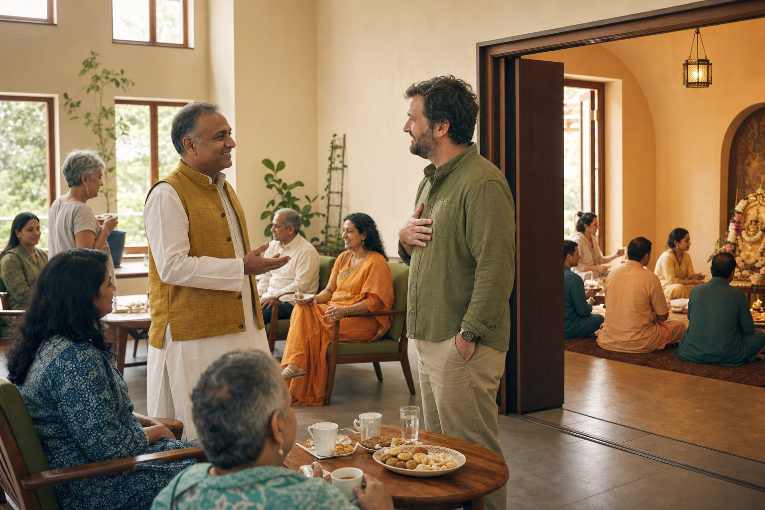 Festival hosts light lamps in a sacred area while invited neighbors observe respectfully and help prepare refreshments in the adjoining social space.