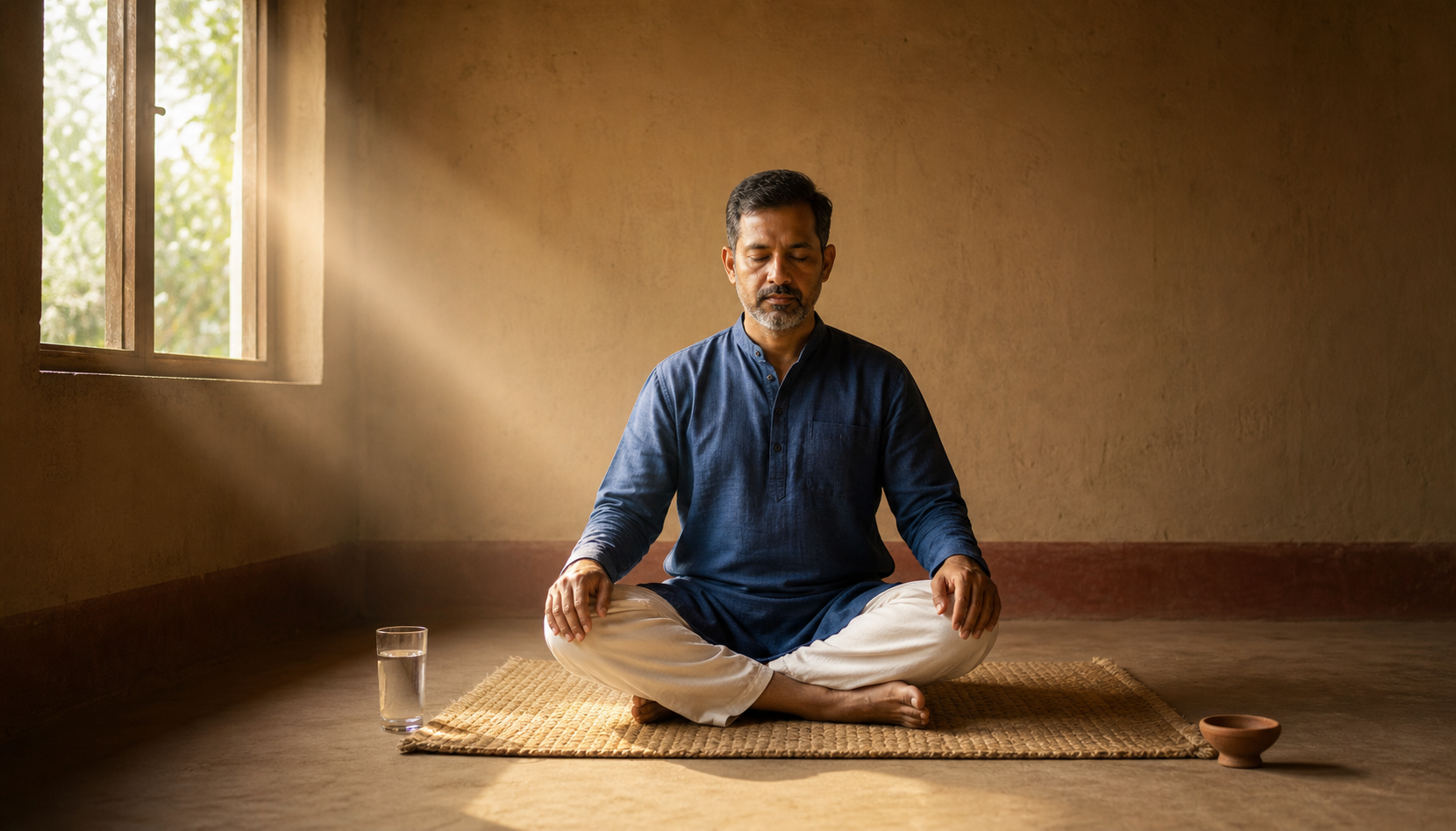 A midlife adult meditates on a cushion beside a low table holding water and fruit, with abstract looping lines settling behind them.