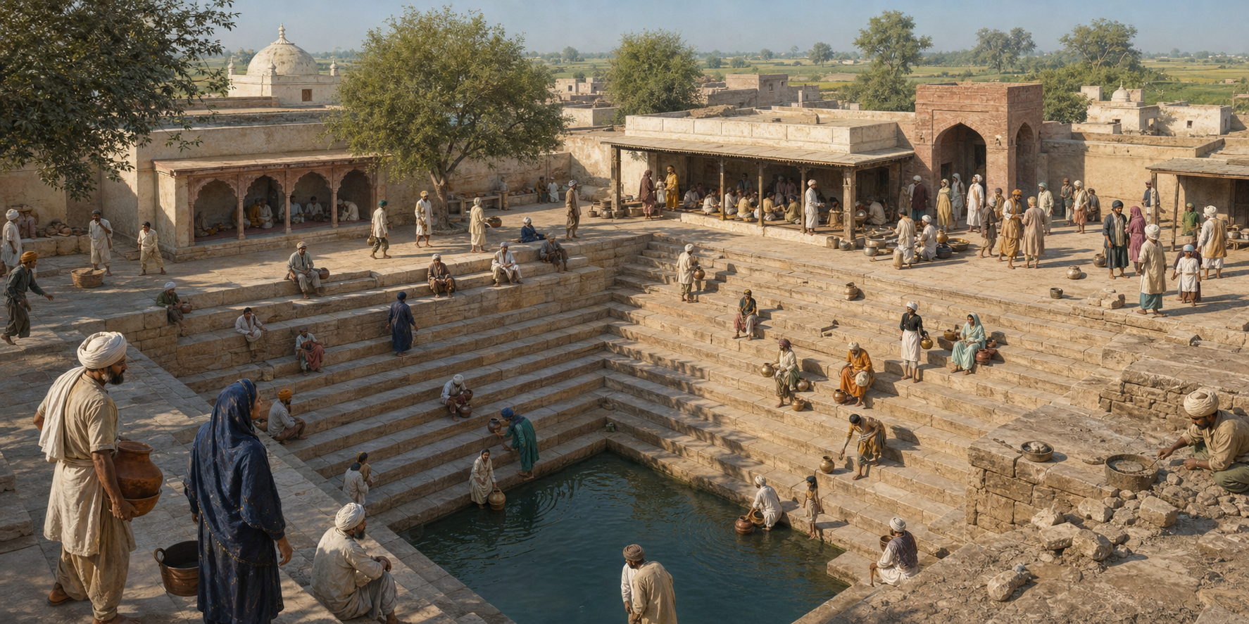 People draw water, maintain stone steps, assist visitors, and gather near a langar courtyard at the stepped well of Goindwal.