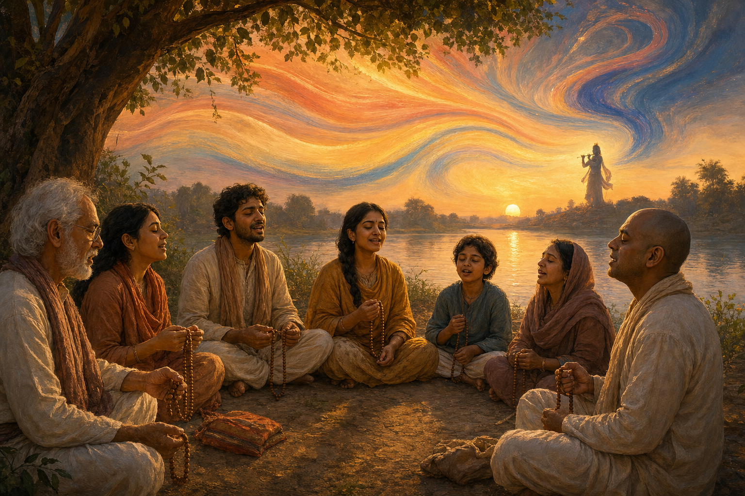 Devotees sit in a riverside circle at sunrise, singing and holding prayer beads as colored light flows toward a distant flute-playing figure.