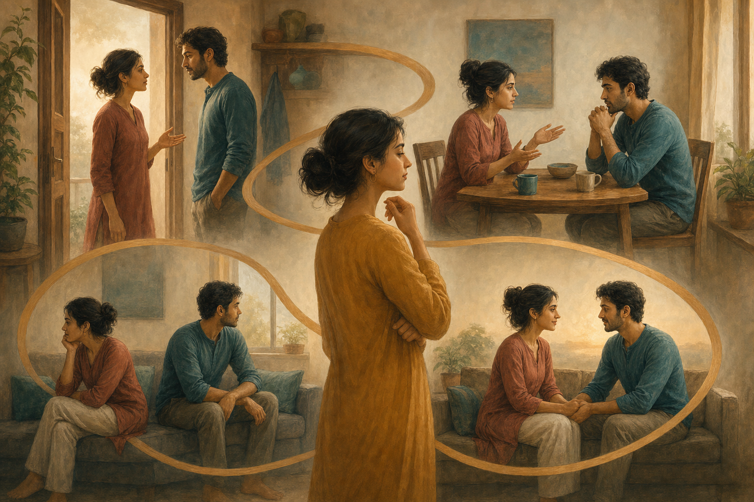 An adult observes a looping sequence of repeated conversations, distance, and reunion between the same two people in a home.