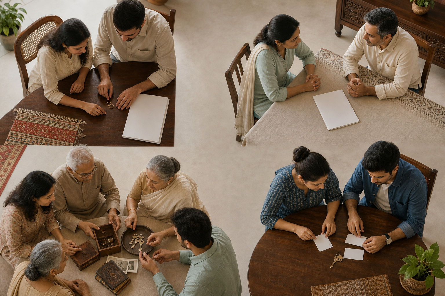Four connected scenes show marriage rings, shared-home keys, a sealed will, and relatives considering the inheritance of a family home.