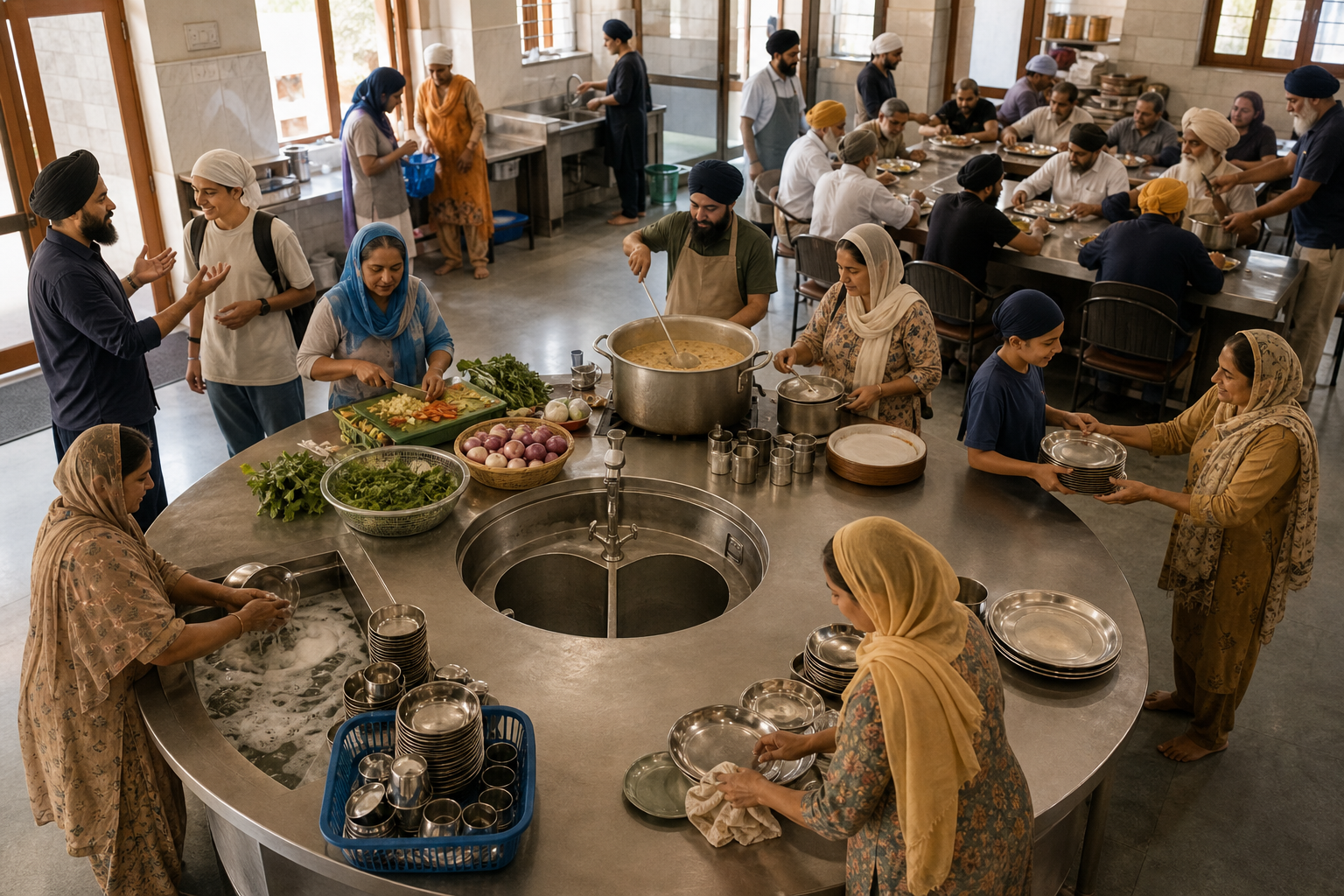 Community volunteers welcome a newcomer, prepare and serve a shared meal, wash dishes, and teach a younger helper in one connected kitchen space.