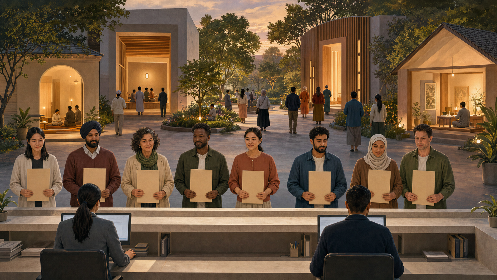 Families following varied ceremonial traditions gather around a courtyard whose paths lead to one neutral civil registration desk.