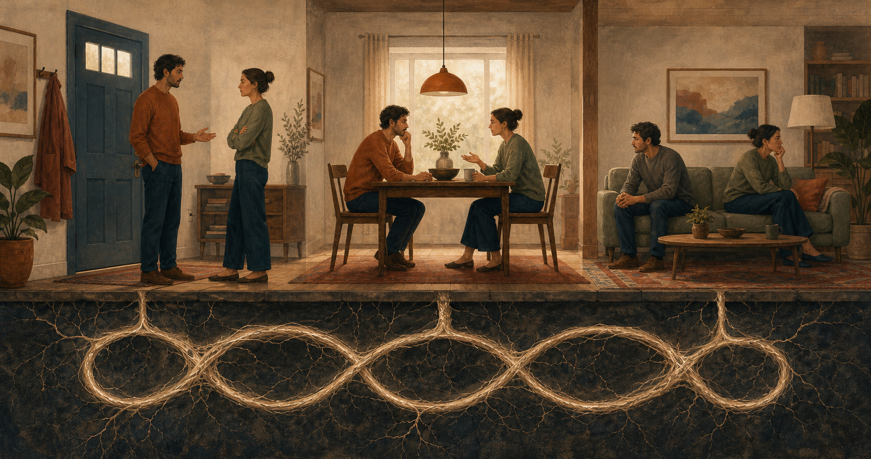 A continuous domestic scene links a phone, relatives in a doorway, a defensive exchange, and an unresolved object on a table.