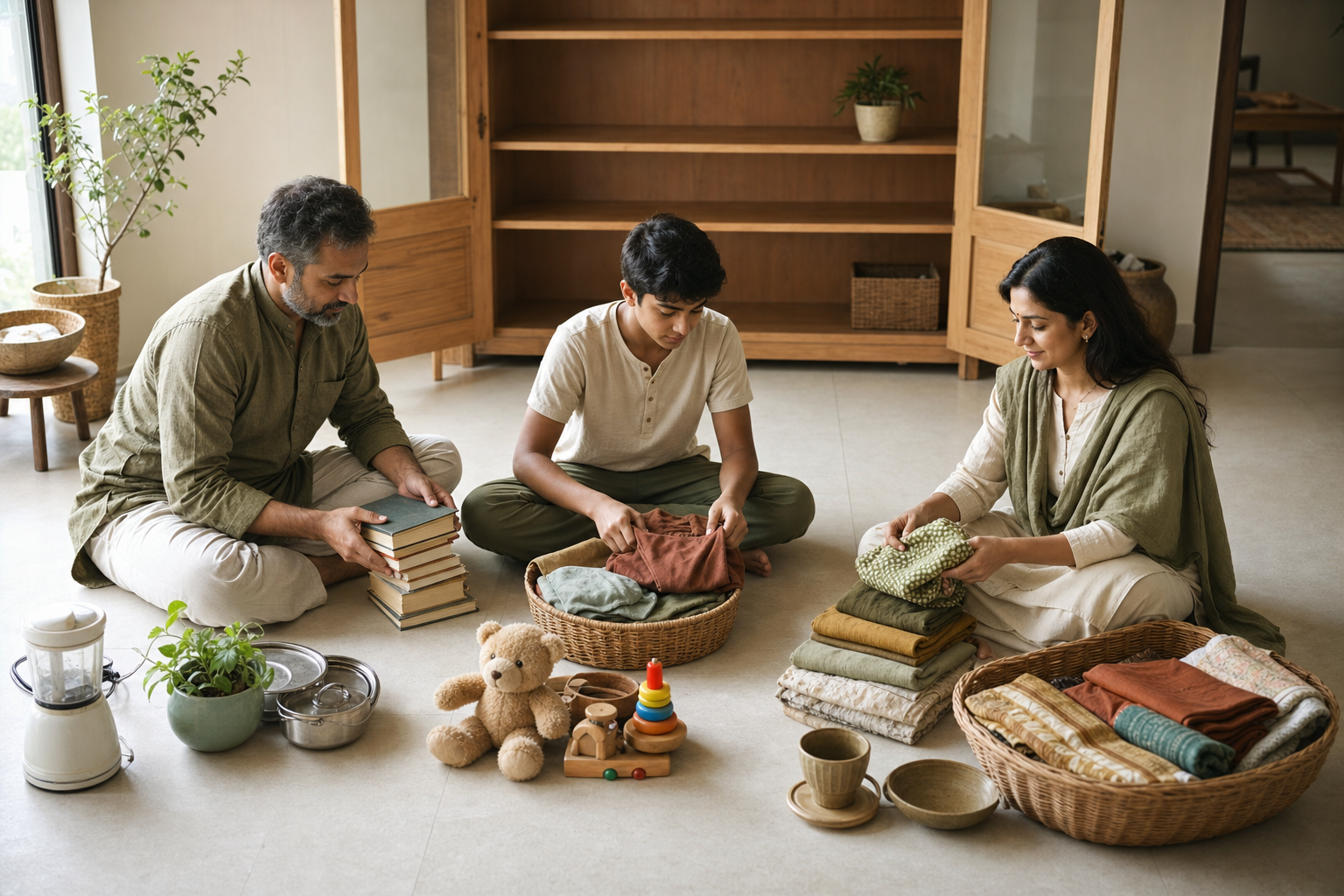 Three generations of an Indian family discuss a decision beside a work bag, school materials and an elder's medicine.