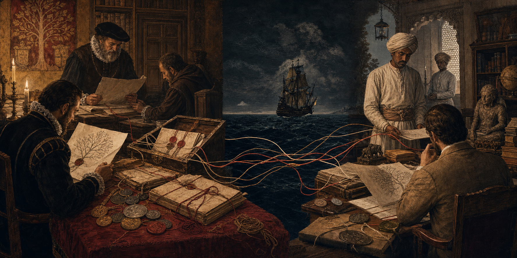 Conceptual historical scene linking an Iberian lineage inquiry with a colonial study in India through strands representing inherited ideas about ancestry.