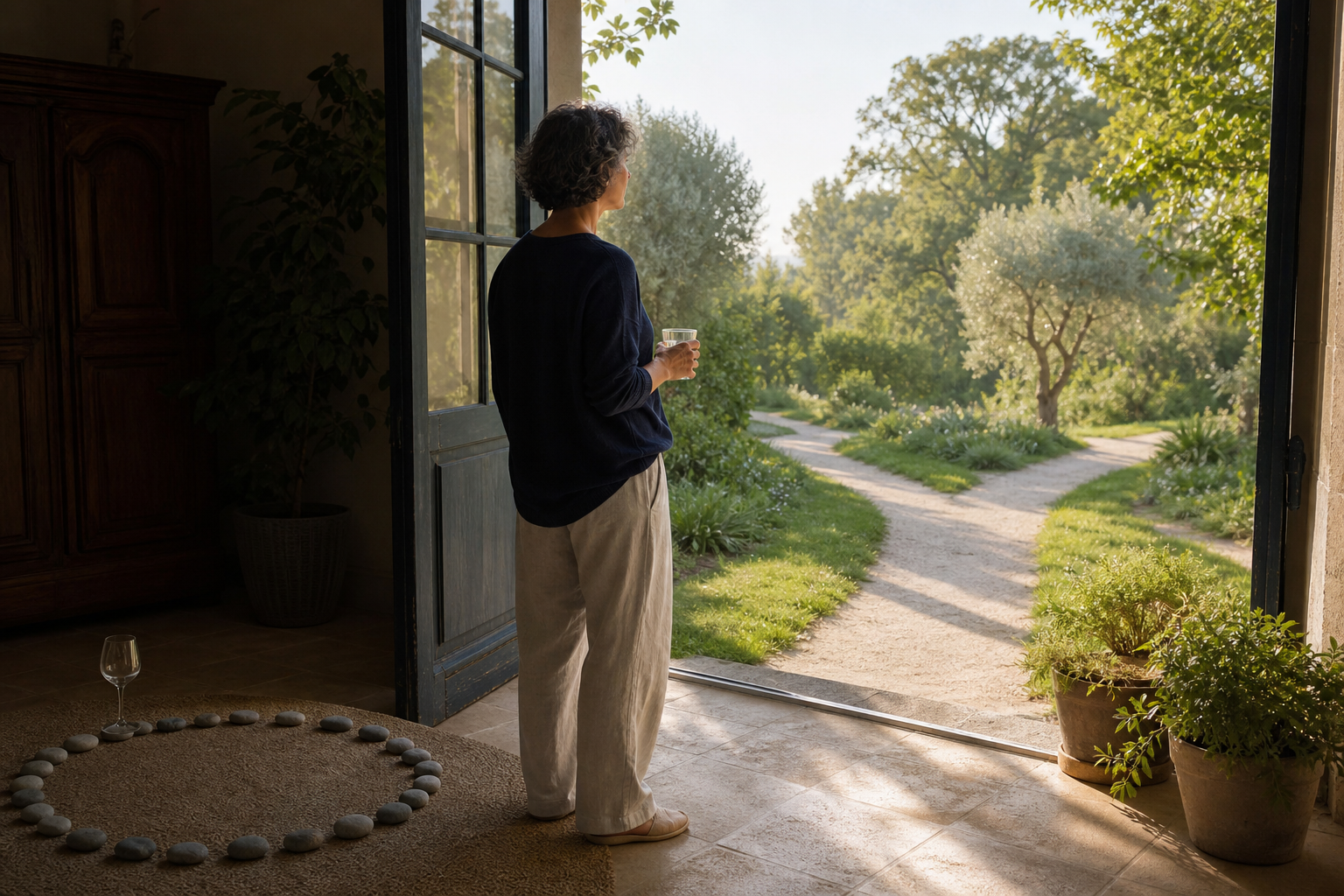 A midlife adult pauses at an open doorway with water in hand as two garden paths diverge ahead and a circle of stones rests behind them.