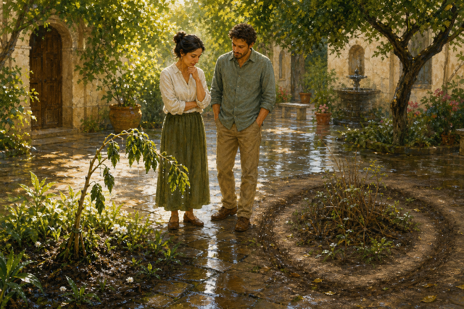 Two adults examine a recovering plant and a circular path worn into the soil of a courtyard garden.
