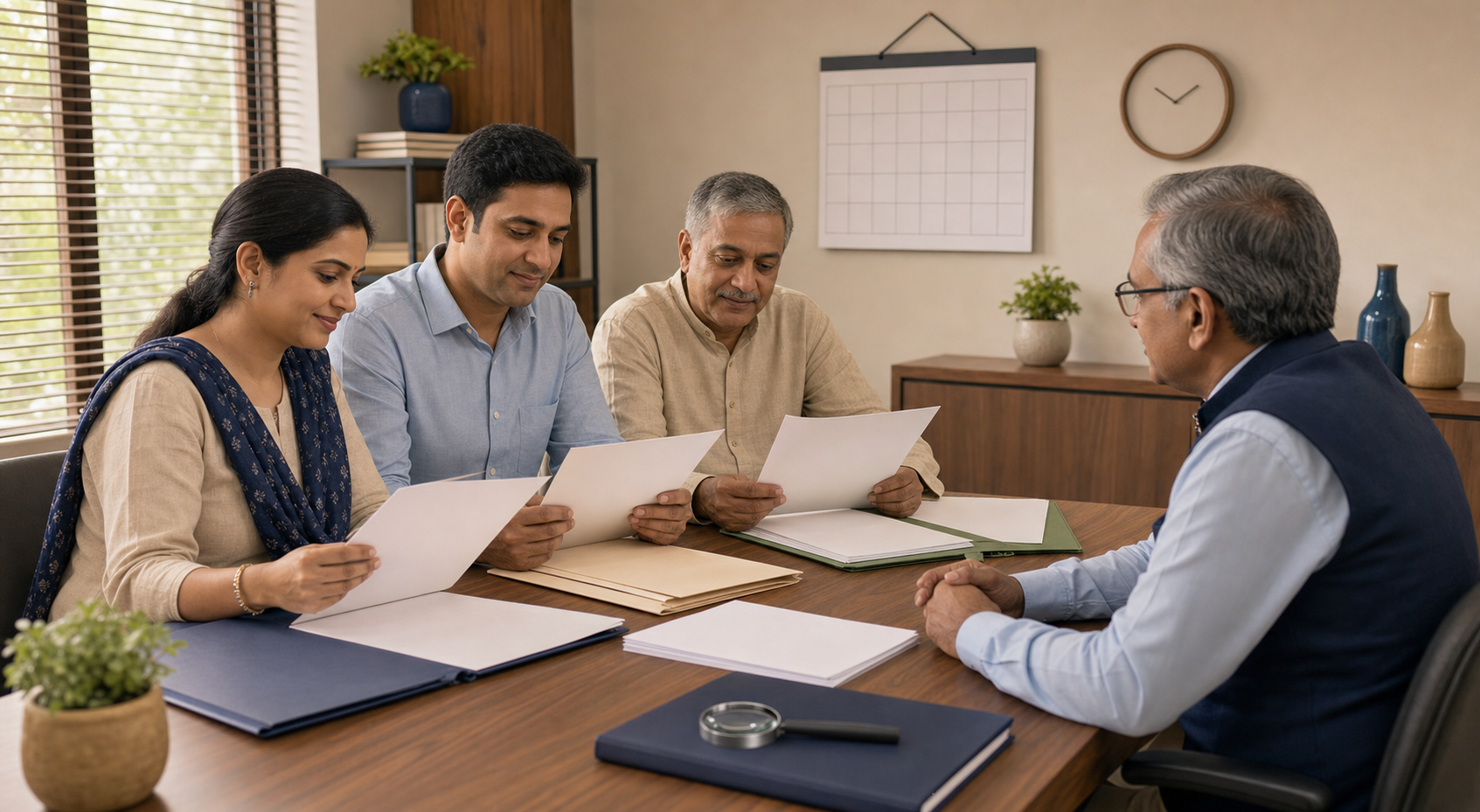 A couple and an older relative organize family documents with a legal adviser while a blank calendar and clock suggest waiting for confirmed legal dates.