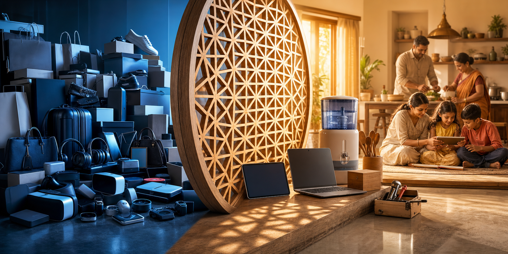 A carved wooden screen separates excess consumer goods from selected technology and household tools being used by a family.