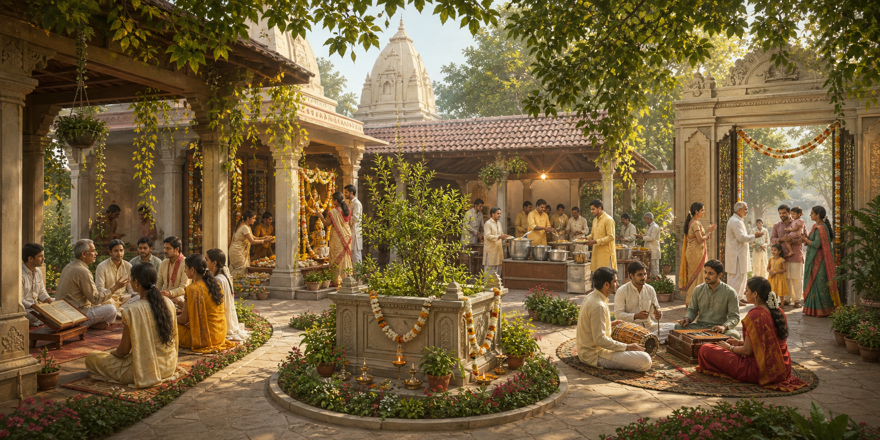 A connected temple compound contains scripture study, altar preparation, communal cooking, music practice, and family welcome around a central tulsi courtyard.