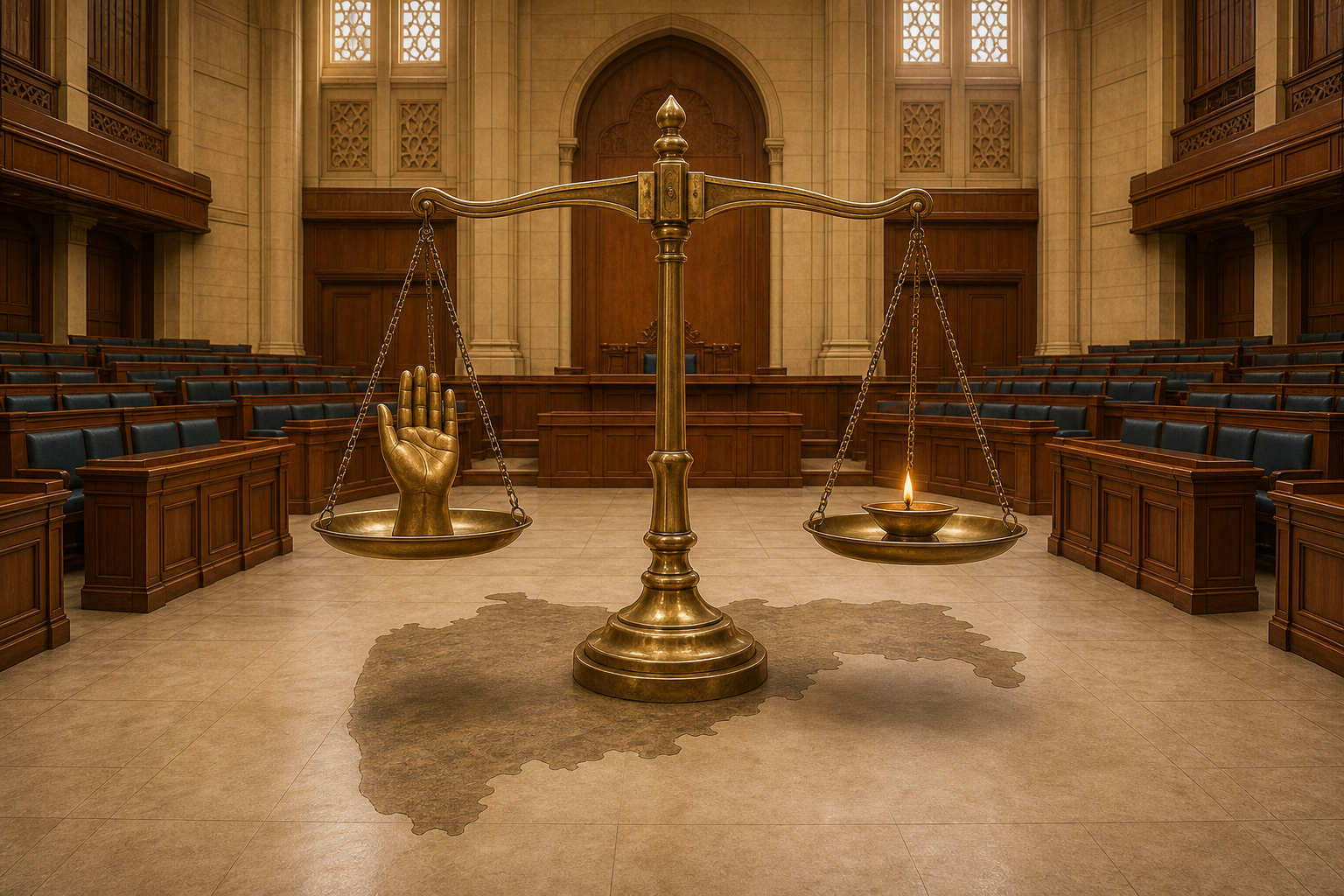 A balanced brass scale with an open hand on one side and a glowing oil lamp on the other stands in an empty legislative chamber above an outline of Maharashtra.