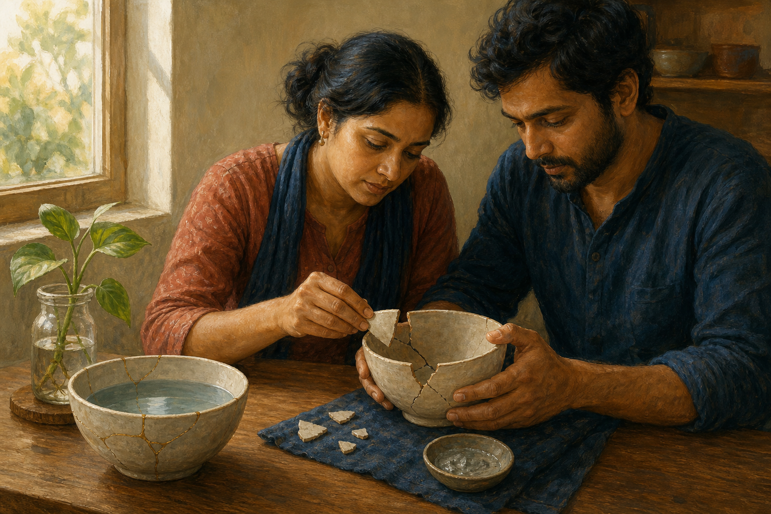 Two adults repair a cracked bowl at a kitchen table beside another mended bowl holding water and a small plant.