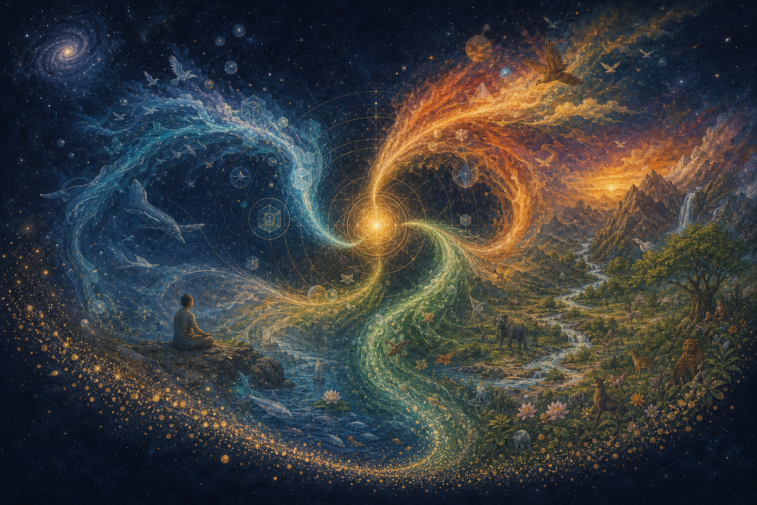 A golden cosmic seed sends colored currents through geometric, human, elemental, and natural forms before they dissolve back into a dark indigo field.