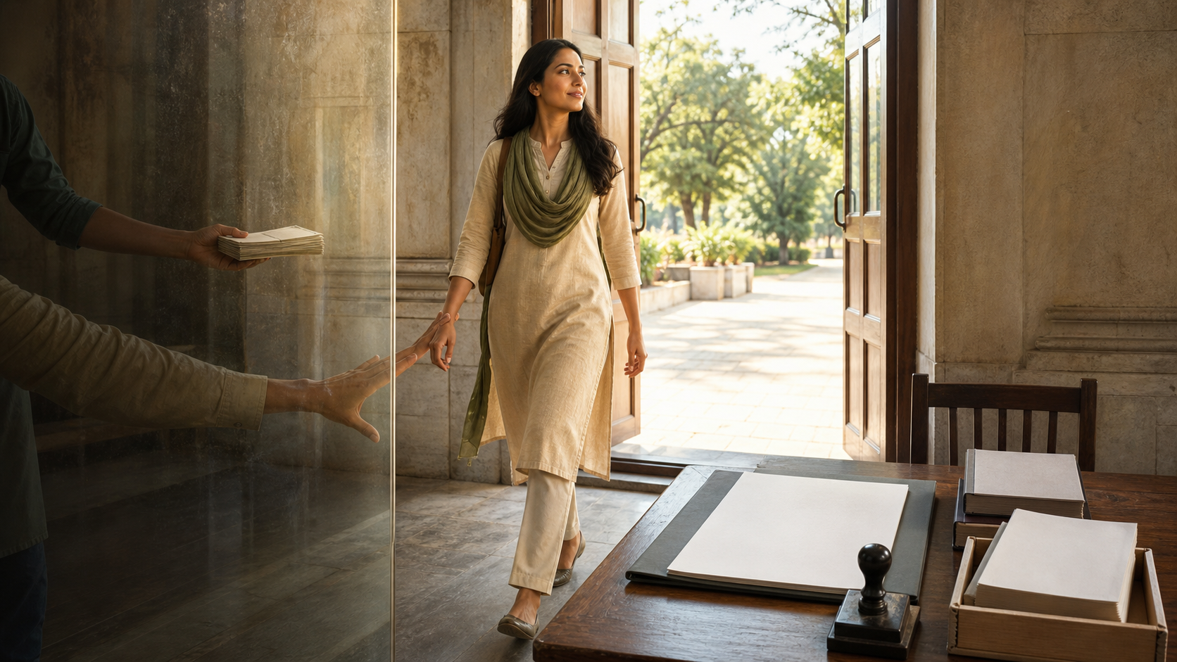An adult woman freely walks through a sunlit doorway while coercive hands are stopped by a transparent barrier and a nearby desk holds blank administrative forms.