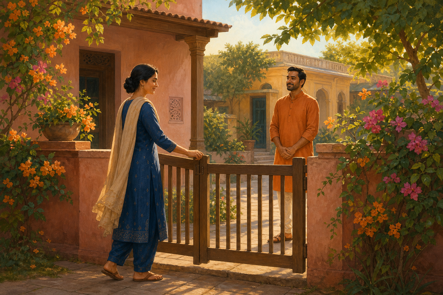 One adult calmly closes a low garden gate while another stands on the path beyond it in a flowering courtyard.