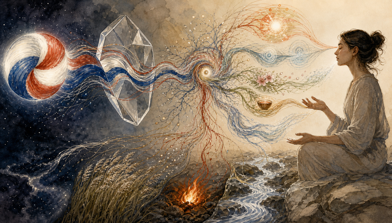 Three colored strands flow through a faceted mirror and branching sensory motifs toward a seated figure, then condense into space, wind, fire, water, and stone.