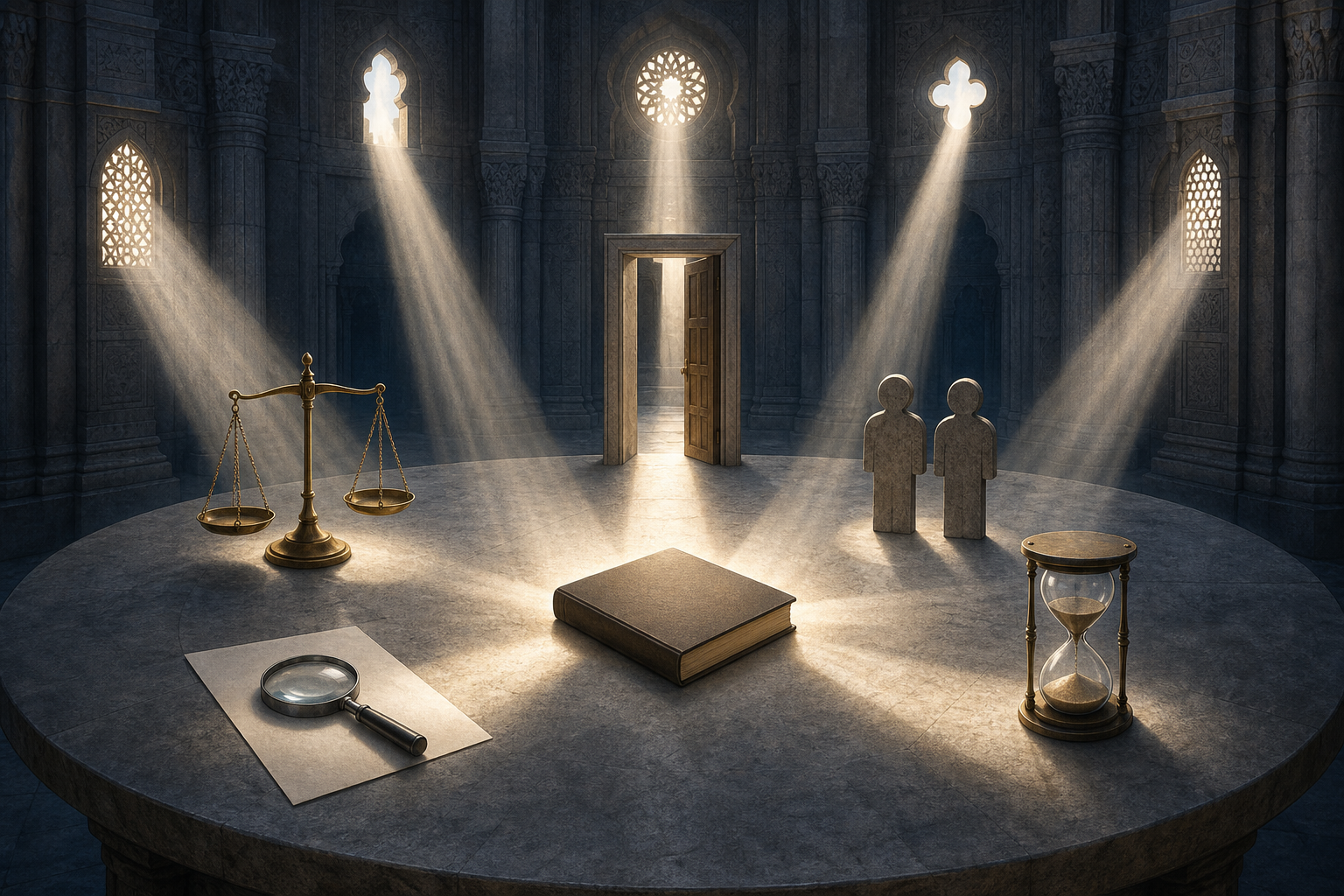 Five shafts of light illuminate a blank law book surrounded by a balanced scale, an open doorway, equal human figures, a magnifying lens, and an hourglass.