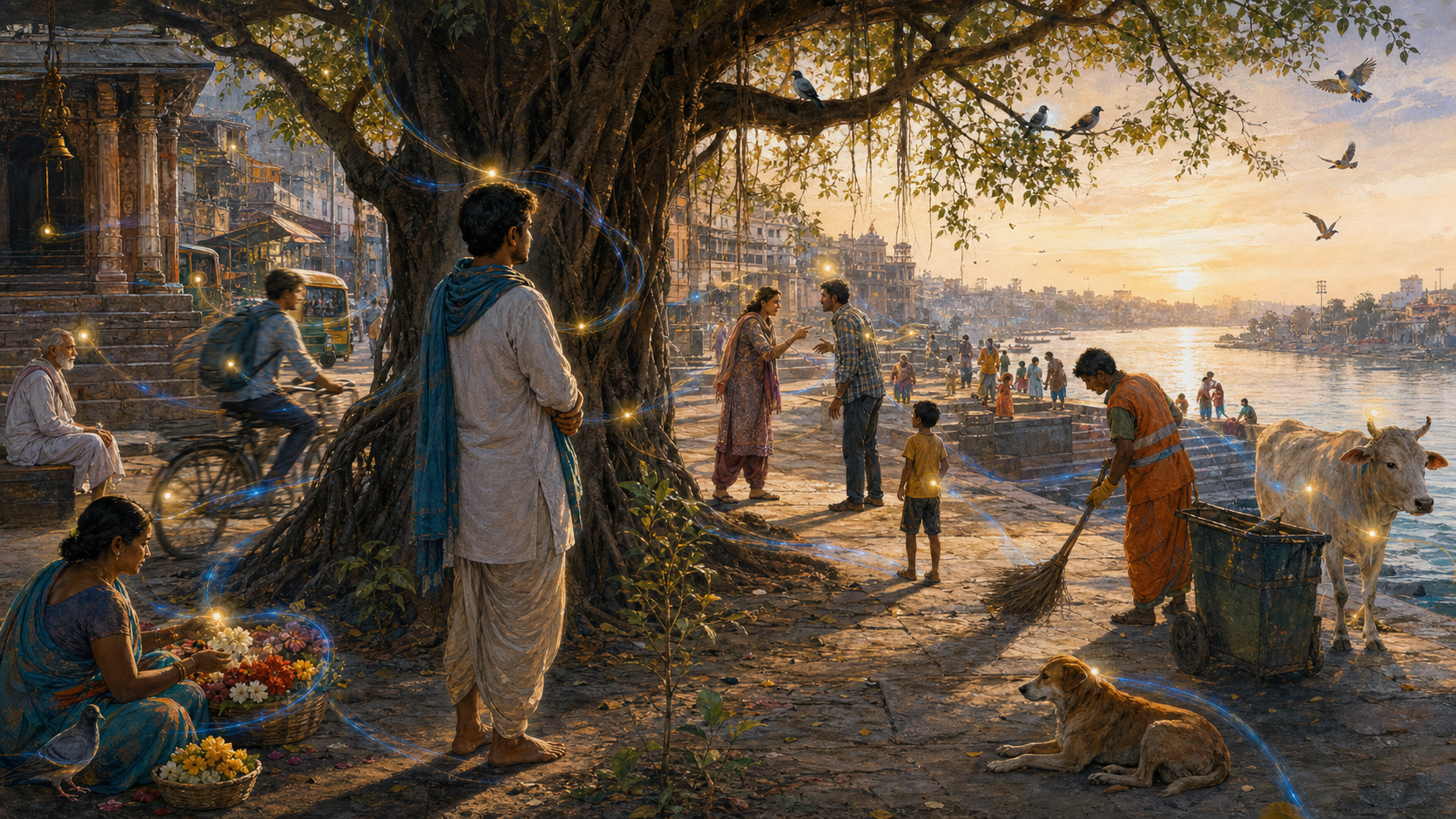 A devotee stands beneath a banyan tree among townspeople, animals, a temple courtyard, and a river, with blue-gold light appearing throughout the scene.