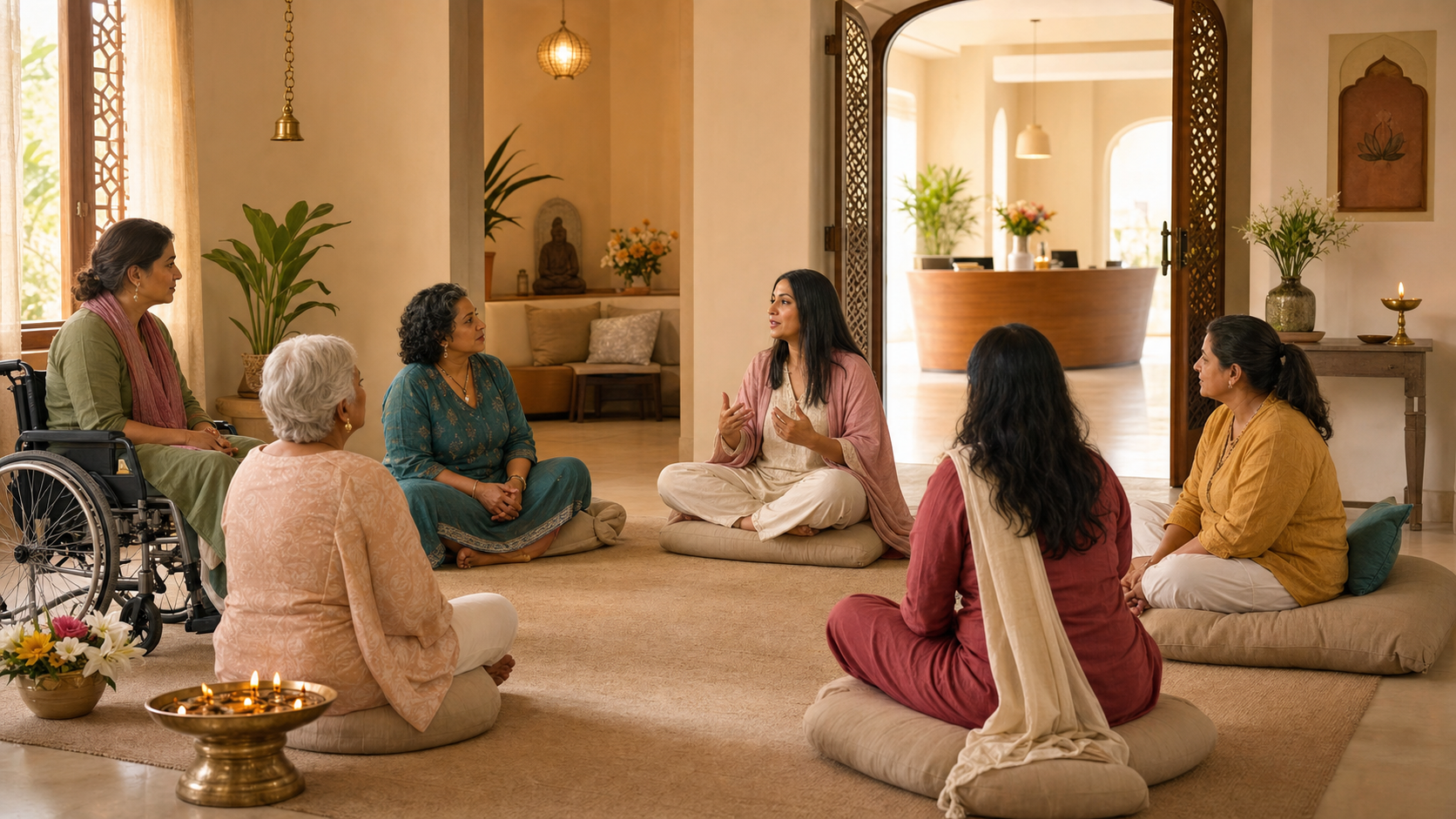 Women of different ages sit with a female facilitator in a calm community wellbeing room with a lamp, flowers, cushions, and a private consultation area.