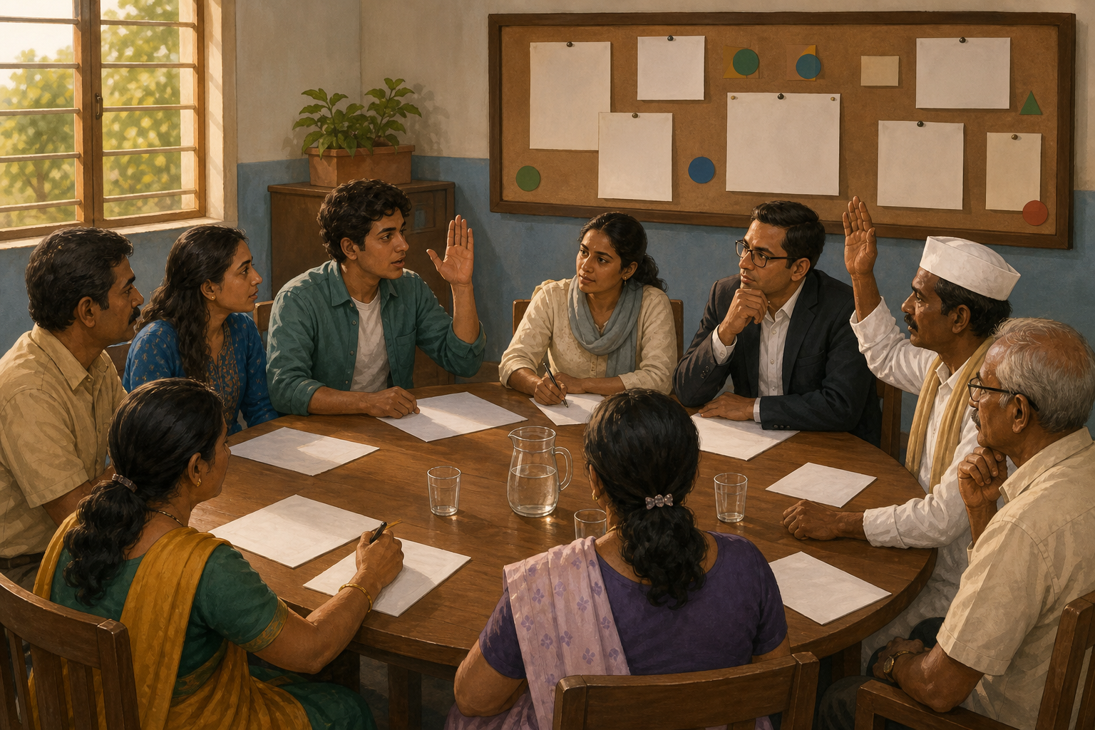 A diverse group of adults discusses blank documents around a circular table in a warmly lit public consultation room.