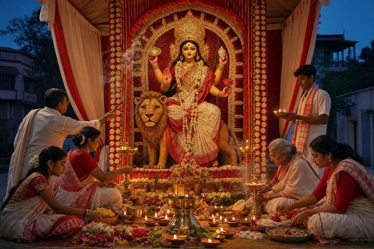Devotees light clay lamps and arrange flowers and ritual vessels before an image of the goddess Jagaddhatri at dusk.