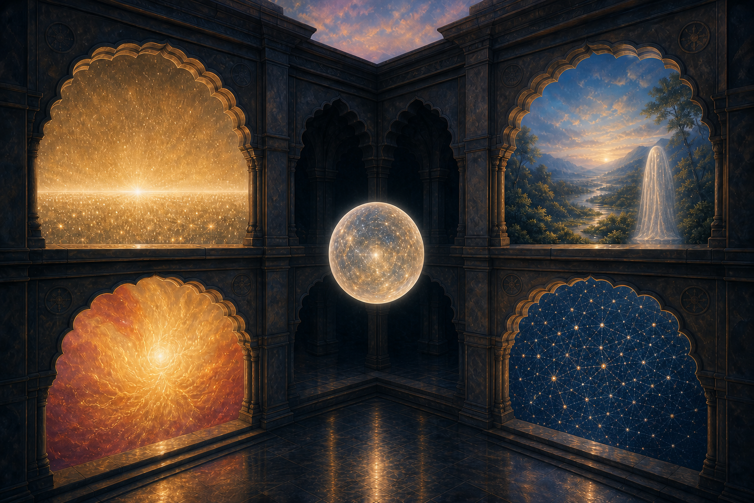 Four architectural openings present different visual interpretations of the same luminous sphere, including a field of light, paired presences, a warm radiance, and a particle lattice.