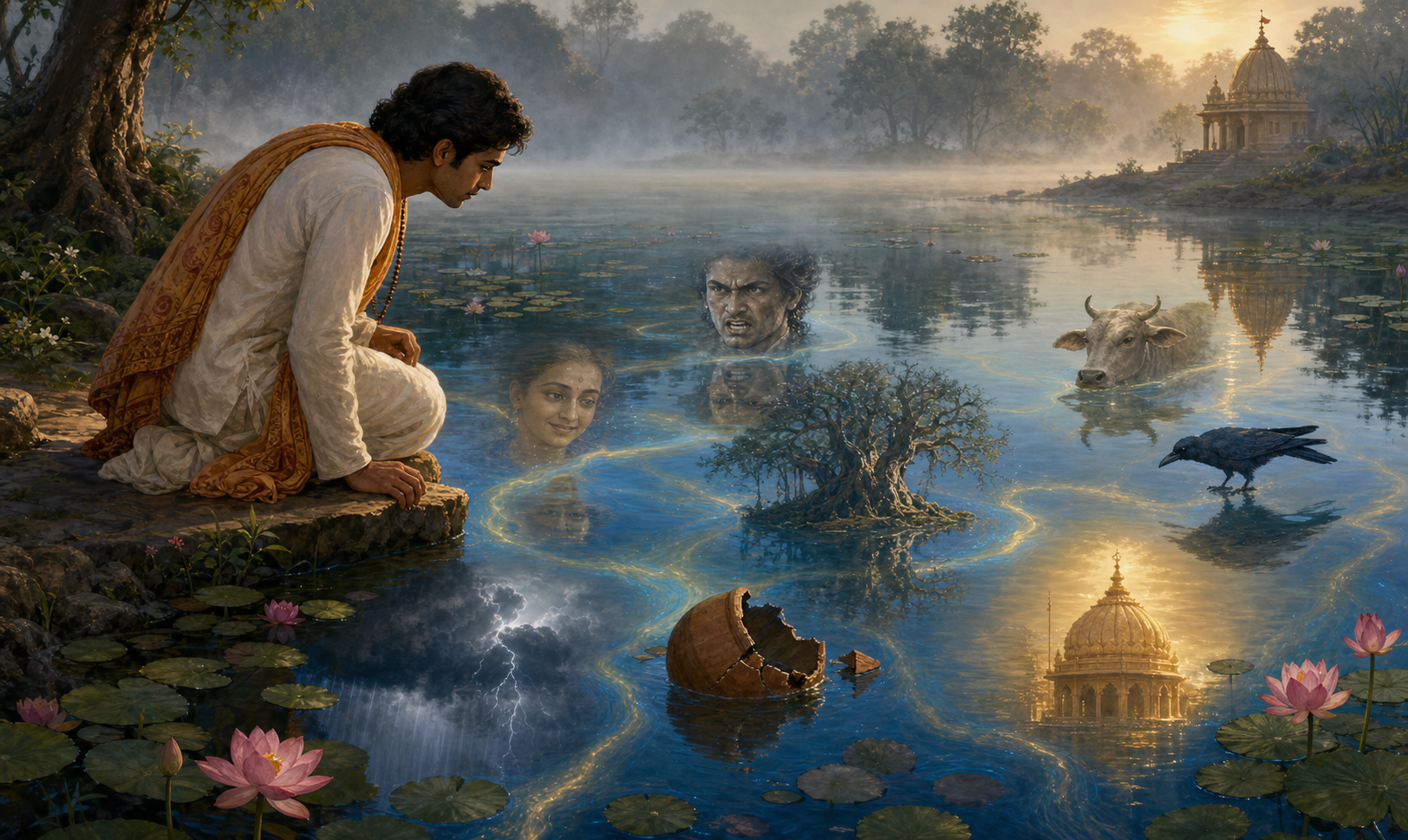 A devotee looks into a lotus pond reflecting different people, animals, a tree, a broken pot, storm clouds, and a temple dome above a shared blue-gold glow.