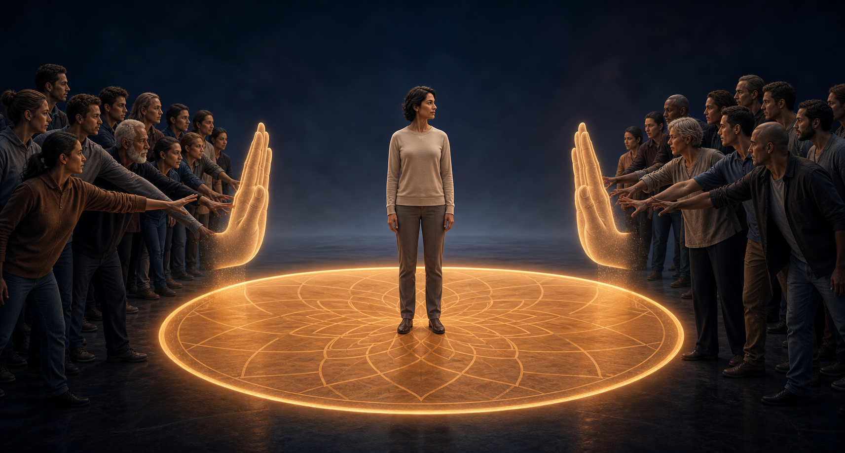 A person stands in a circle of warm light as matching protective hands block forceful gestures approaching from two opposing groups.