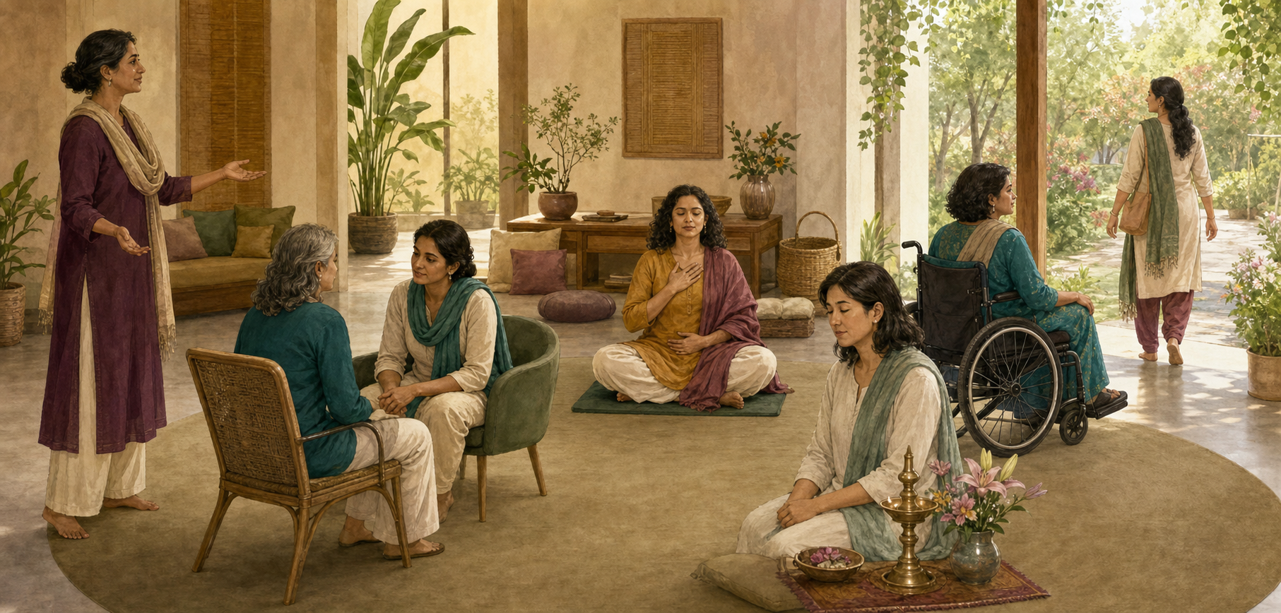Women choose among meditation, private support, quiet reflection, and an accessible garden walk while a facilitator stands nearby.