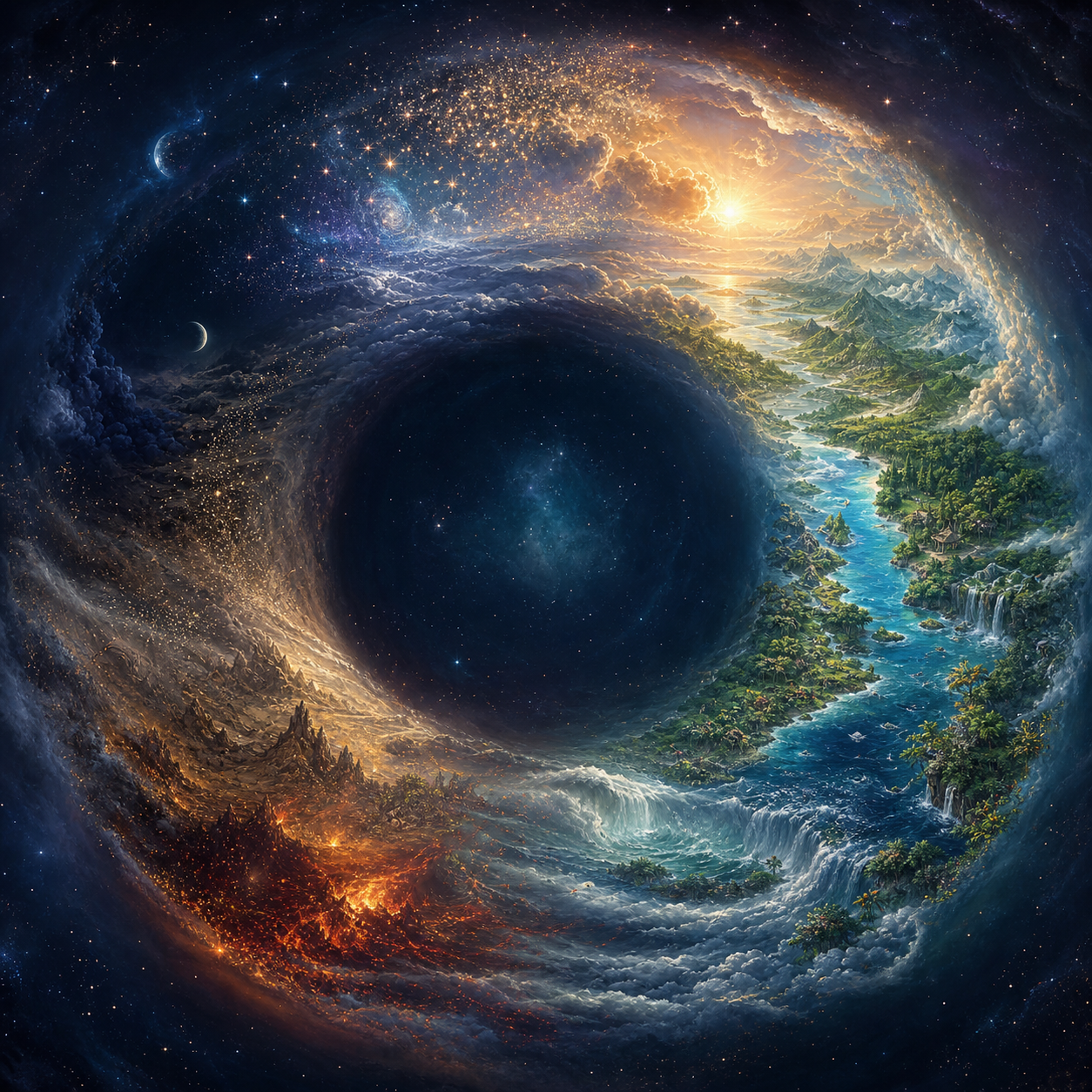 A ring-shaped cosmic landscape moves from gathering starlight to a flourishing world, dissolution into fire and particles, a dark interval, and renewed light.