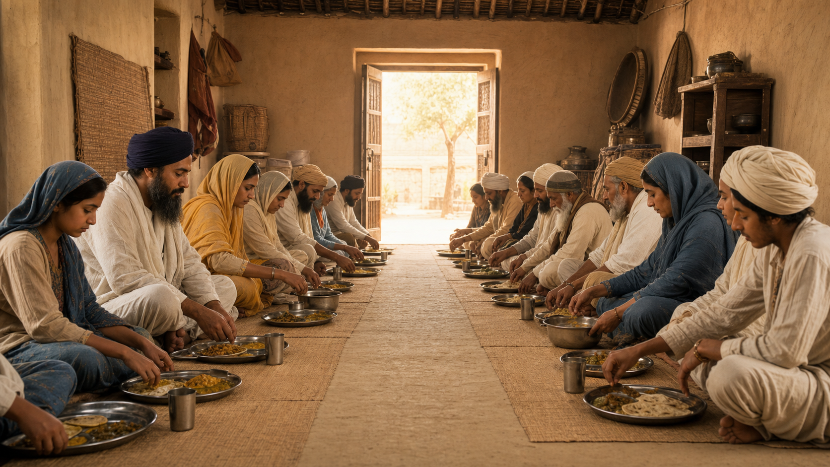 Women and men sit at the same level in rows, sharing and serving a communal meal in a warmly lit Punjabi setting.