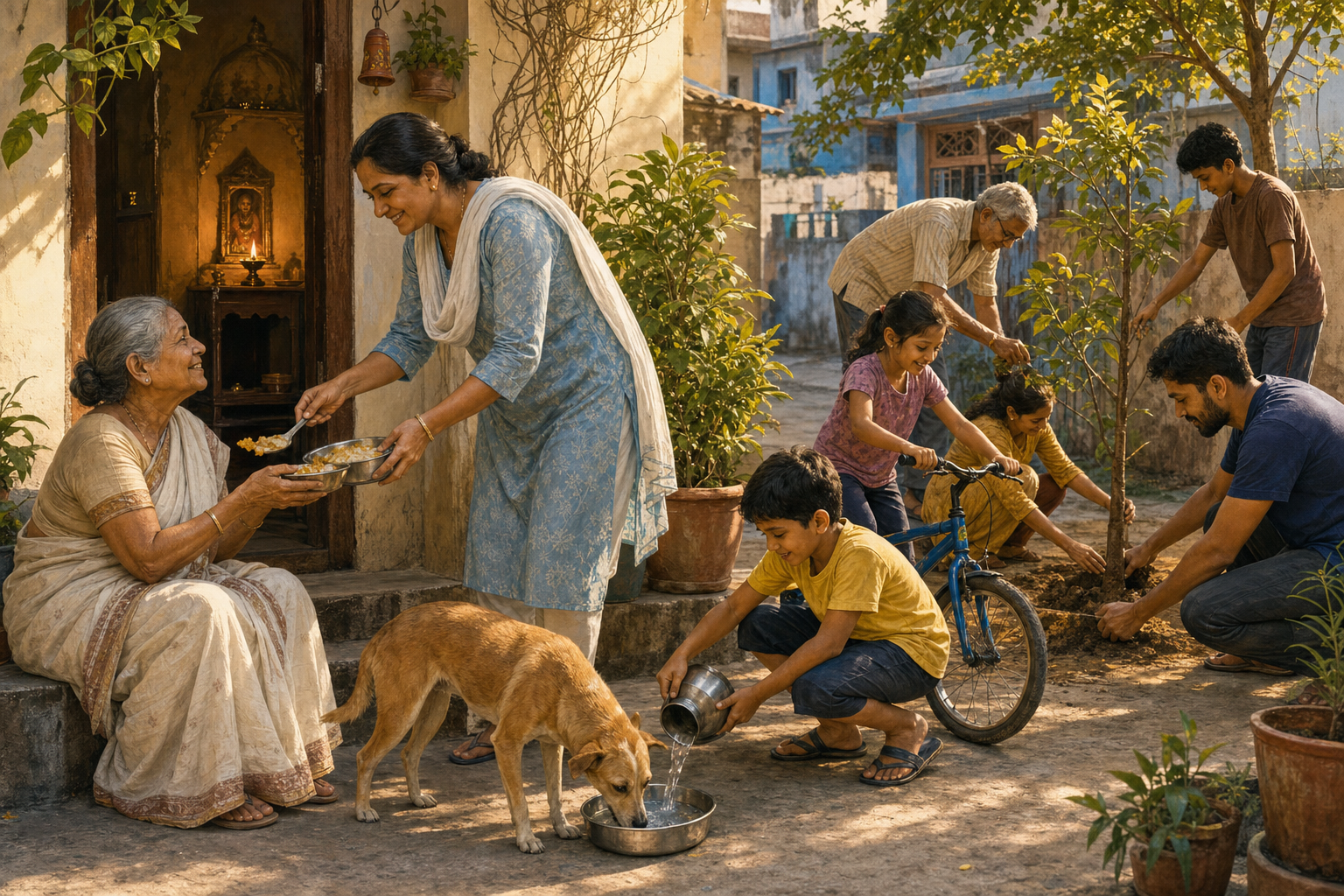 Neighbors share food, give water to a dog, help a child with a bicycle, and tend a young tree outside a home with a lamp-lit shrine.
