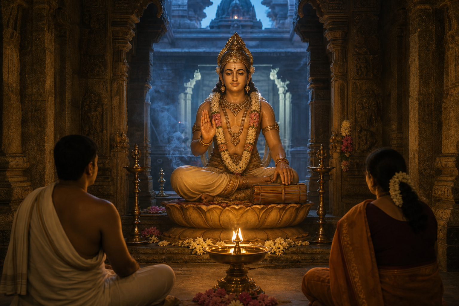 A serene Veda Shasta murti sits in a lamplit temple sanctum near wrapped palm-leaf manuscripts as two devotees listen attentively.